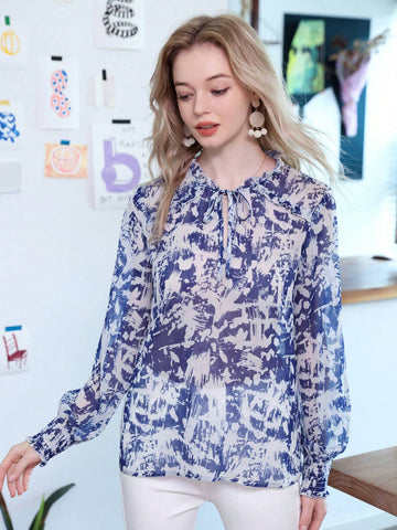 Privé Elegant And Chic Floral Chiffon Long-Sleeved Shirt With Tie Collar And Ruffle Hem, Perfect For Work Privé Elegant And Chic Floral Chiffon Long-Sleeved Shirt With Tie Collar And Ruffle Hem, Perfect For Work