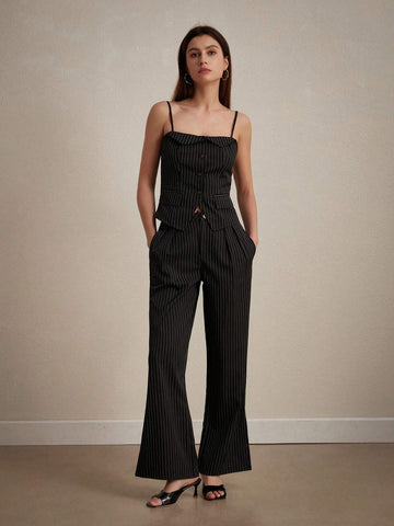 Elegant Color-Block Striped Waist-Cinching Fashionable Tank Top & Long Pants Set, Office Wear Elegant Color-Block Striped Waist-Cinching Fashionable Tank Top & Long Pants Set, Office Wear
