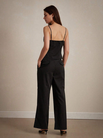 Elegant Color-Block Striped Waist-Cinching Fashionable Tank Top & Long Pants Set, Office Wear Elegant Color-Block Striped Waist-Cinching Fashionable Tank Top & Long Pants Set, Office Wear