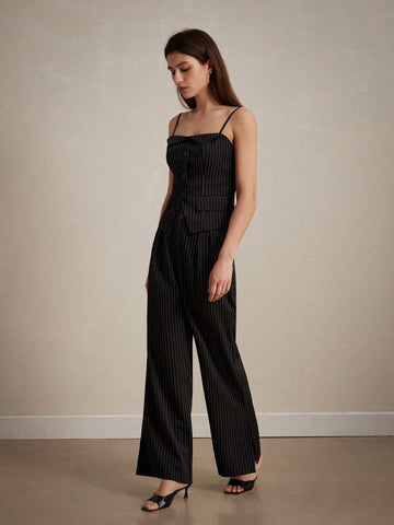 Elegant Color-Block Striped Waist-Cinching Fashionable Tank Top & Long Pants Set, Office Wear Elegant Color-Block Striped Waist-Cinching Fashionable Tank Top & Long Pants Set, Office Wear