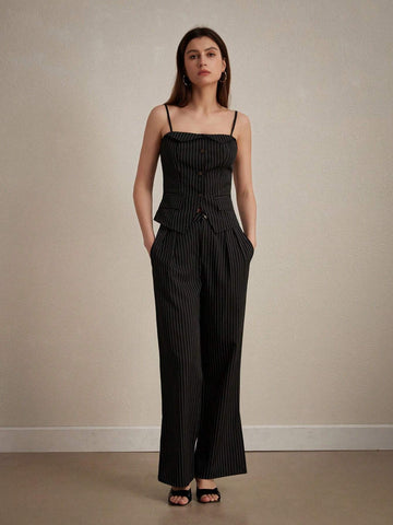 Elegant Color-Block Striped Waist-Cinching Fashionable Tank Top & Long Pants Set, Office Wear Elegant Color-Block Striped Waist-Cinching Fashionable Tank Top & Long Pants Set, Office Wear