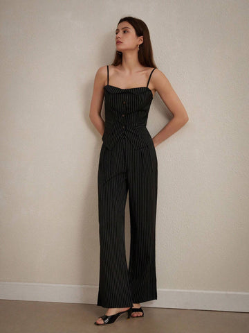Elegant Color-Block Striped Waist-Cinching Fashionable Tank Top & Long Pants Set, Office Wear Elegant Color-Block Striped Waist-Cinching Fashionable Tank Top & Long Pants Set, Office Wear