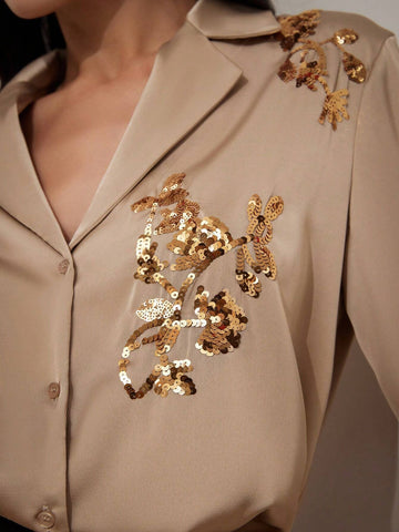 Privé Embroidered Sequin Satin Collar Women's Dress Shirt With Long Sleeves Privé Embroidered Sequin Satin Collar Women's Dress Shirt With Long Sleeves