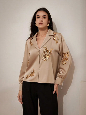 Privé Embroidered Sequin Satin Collar Women's Dress Shirt With Long Sleeves Privé Embroidered Sequin Satin Collar Women's Dress Shirt With Long Sleeves