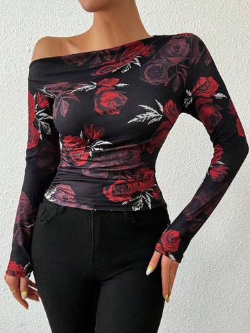 Floral Print Asymmetrical Ruffle Long Sleeve T-Shirt Floral Print Asymmetrical Ruffle Long Sleeve T-Shirt