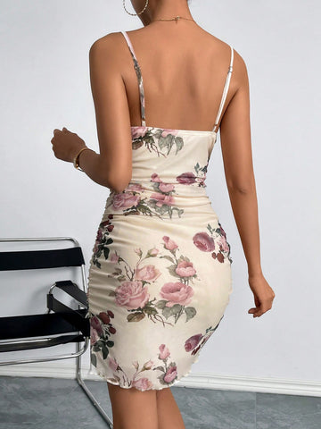 Floral Print Draped Collar Ruched Mesh Cami Dress Floral Print Draped Collar Ruched Mesh Cami Dress
