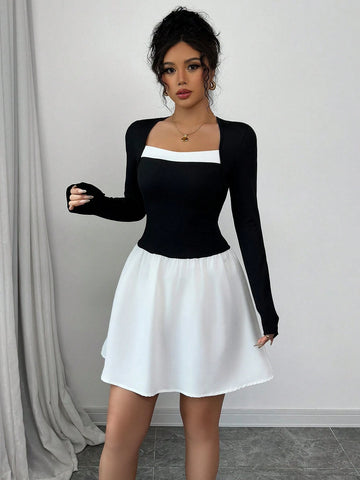 Form-Fitting Elegant Square Collar Color Block Women Dress Form-Fitting Elegant Square Collar Color Block Women Dress