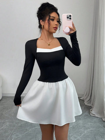 Form-Fitting Elegant Square Collar Color Block Women Dress Form-Fitting Elegant Square Collar Color Block Women Dress