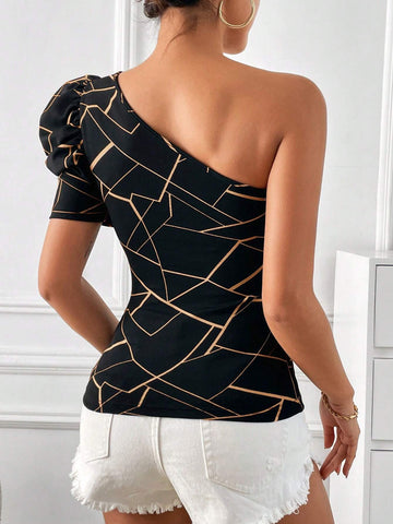 Geo Print One Shoulder Cut Out Puff Sleeve Tee Geo Print One Shoulder Cut Out Puff Sleeve Tee