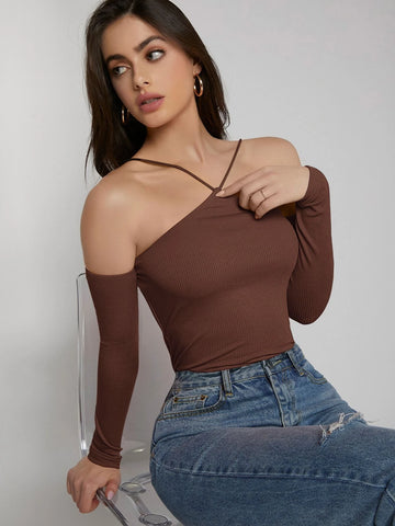 Halter Off Shoulder Rib-knit Tee Halter Off Shoulder Rib-knit Tee