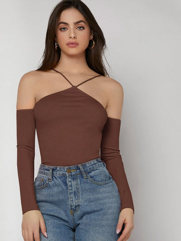 Halter Off Shoulder Rib-knit Tee Halter Off Shoulder Rib-knit Tee