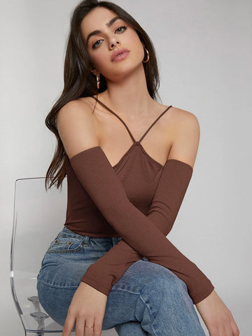 Halter Off Shoulder Rib-knit Tee Halter Off Shoulder Rib-knit Tee