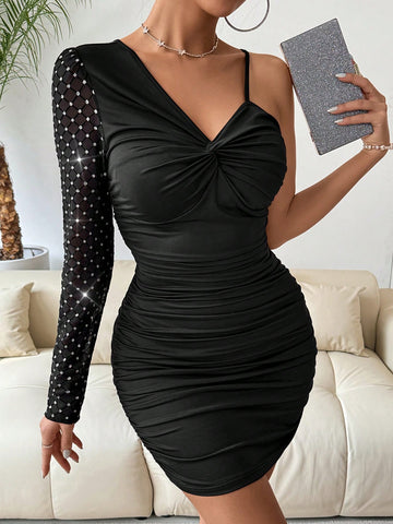 Ladies' Asymmetric Neck One Shoulder Sheer Long Sleeve Slim Fit & Stretchy Bodycon Dress Ladies' Asymmetric Neck One Shoulder Sheer Long Sleeve Slim Fit & Stretchy Bodycon Dress