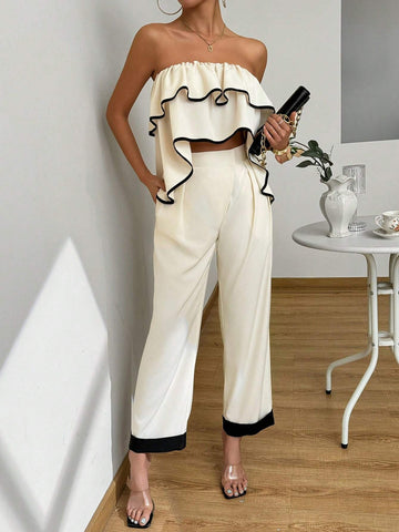 Ladies' Border Embellished Strapless Top And Flare Pants Set Ladies' Border Embellished Strapless Top And Flare Pants Set