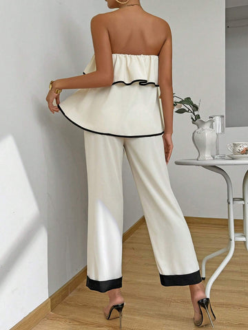 Ladies' Border Embellished Strapless Top And Flare Pants Set Ladies' Border Embellished Strapless Top And Flare Pants Set