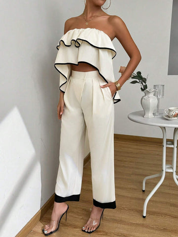 Ladies' Border Embellished Strapless Top And Flare Pants Set Ladies' Border Embellished Strapless Top And Flare Pants Set