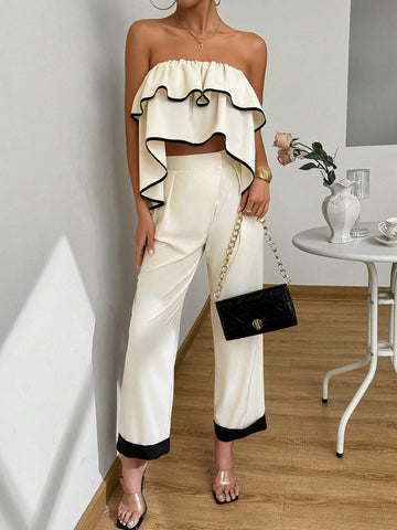 Ladies' Border Embellished Strapless Top And Flare Pants Set Ladies' Border Embellished Strapless Top And Flare Pants Set