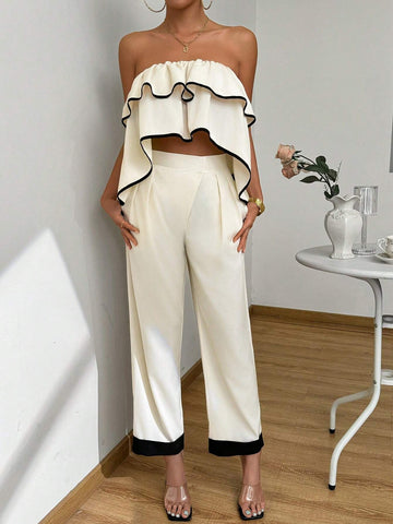 Ladies' Border Embellished Strapless Top And Flare Pants Set Ladies' Border Embellished Strapless Top And Flare Pants Set