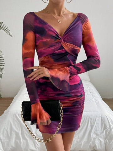 Ladies' Tie Dye Twisted Bell Sleeve Bodycon Dress Ladies' Tie Dye Twisted Bell Sleeve Bodycon Dress