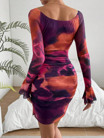 Ladies' Tie Dye Twisted Bell Sleeve Bodycon Dress Ladies' Tie Dye Twisted Bell Sleeve Bodycon Dress
