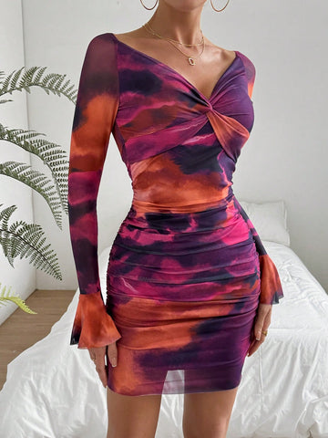 Ladies' Tie Dye Twisted Bell Sleeve Bodycon Dress Ladies' Tie Dye Twisted Bell Sleeve Bodycon Dress