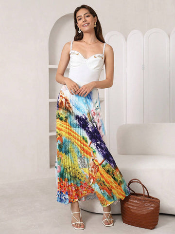 Privé Plants Print Pleated Skirt Without Belt Privé Plants Print Pleated Skirt Without Belt