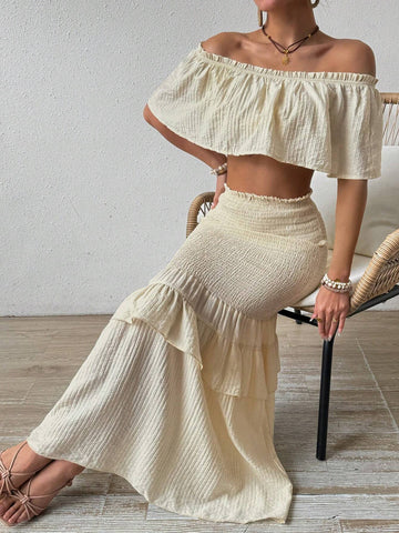 Resort Style Off Shoulder Short Top With Ruffled Hem And Mermaid Skirt Set Resort Style Off Shoulder Short Top With Ruffled Hem And Mermaid Skirt Set