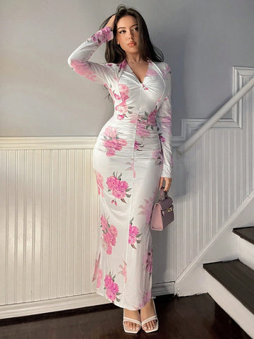 Romantic Floral Print Twist Front Bodycon Dress Romantic Floral Print Twist Front Bodycon Dress