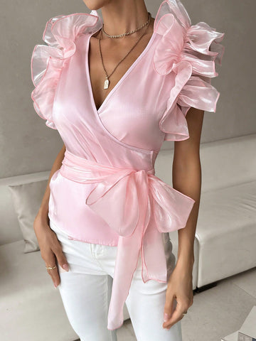 Ruffle Trim Belted Wrap Knot Side Blouse Ruffle Trim Belted Wrap Knot Side Blouse
