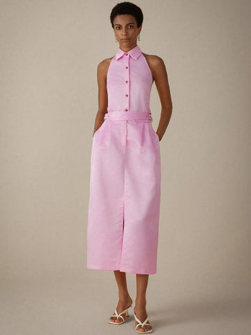 Sleeveless Polo Collar Short Shirt Design W/ Metal Buckled Belt & High-Waist A-Line Skirt Set Sleeveless Polo Collar Short Shirt Design W/ Metal Buckled Belt & High-Waist A-Line Skirt Set