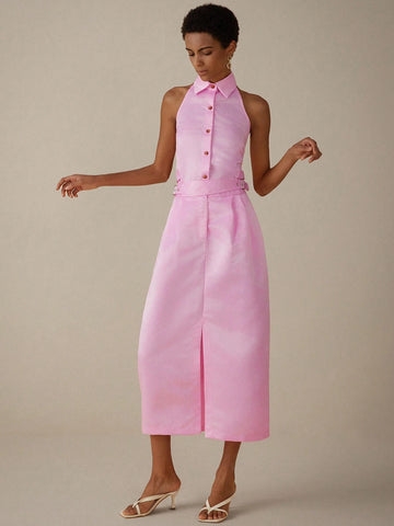 Sleeveless Polo Collar Short Shirt Design W/ Metal Buckled Belt & High-Waist A-Line Skirt Set Sleeveless Polo Collar Short Shirt Design W/ Metal Buckled Belt & High-Waist A-Line Skirt Set