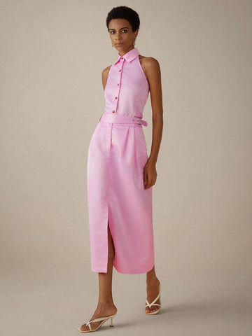 Sleeveless Polo Collar Short Shirt Design W/ Metal Buckled Belt & High-Waist A-Line Skirt Set Sleeveless Polo Collar Short Shirt Design W/ Metal Buckled Belt & High-Waist A-Line Skirt Set