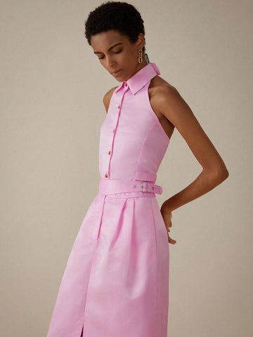 Sleeveless Polo Collar Short Shirt Design W/ Metal Buckled Belt & High-Waist A-Line Skirt Set Sleeveless Polo Collar Short Shirt Design W/ Metal Buckled Belt & High-Waist A-Line Skirt Set