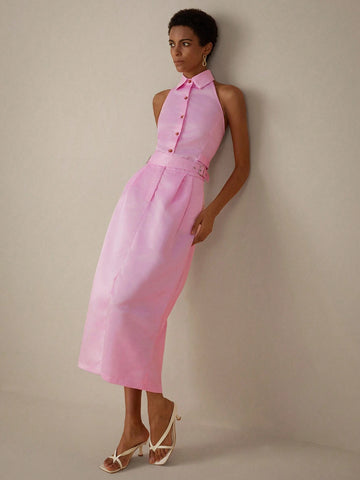 Sleeveless Polo Collar Short Shirt Design W/ Metal Buckled Belt & High-Waist A-Line Skirt Set Sleeveless Polo Collar Short Shirt Design W/ Metal Buckled Belt & High-Waist A-Line Skirt Set