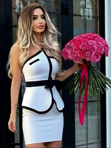 Summer Women Elegant Romantic Color Block Edges Bow Belt Strapless Tube Top And Tight Mini Skirt Two Piece Skirt Set Outfits Summer Women Elegant Romantic Color Block Edges Bow Belt Strapless Tube Top And Tight Mini Skirt Two Piece Skirt Set Outfits