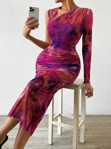Tie Dye Asymmetrical Neck Bodycon Dress Tie Dye Asymmetrical Neck Bodycon Dress