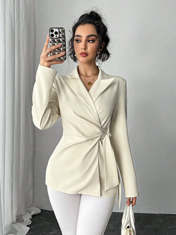 Privé Turn-Down Collar Long Sleeve Tie Side Shirt, Elegant Office Wear Top Privé Turn-Down Collar Long Sleeve Tie Side Shirt, Elegant Office Wear Top