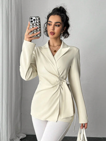 Privé Turn-Down Collar Long Sleeve Tie Side Shirt, Elegant Office Wear Top Privé Turn-Down Collar Long Sleeve Tie Side Shirt, Elegant Office Wear Top