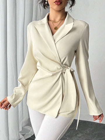 Privé Turn-Down Collar Long Sleeve Tie Side Shirt, Elegant Office Wear Top Privé Turn-Down Collar Long Sleeve Tie Side Shirt, Elegant Office Wear Top