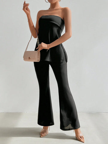 Wedding Daily Elegant Holiday Date Party INS Music Festival Commute Work Style One-Piece Women's Solid Color Split Front Tube Top And Flare Pants Set Wedding Daily Elegant Holiday Date Party INS Music Festival Commute Work Style One-Piece Women's Solid Color Split Front Tube Top And Flare Pants Set