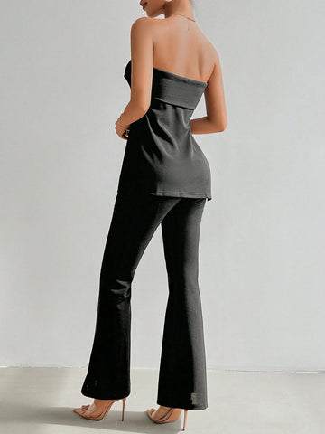 Wedding Daily Elegant Holiday Date Party INS Music Festival Commute Work Style One-Piece Women's Solid Color Split Front Tube Top And Flare Pants Set Wedding Daily Elegant Holiday Date Party INS Music Festival Commute Work Style One-Piece Women's Solid Color Split Front Tube Top And Flare Pants Set