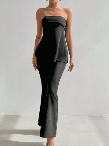 Wedding Daily Elegant Holiday Date Party INS Music Festival Commute Work Style One-Piece Women's Solid Color Split Front Tube Top And Flare Pants Set Wedding Daily Elegant Holiday Date Party INS Music Festival Commute Work Style One-Piece Women's Solid Color Split Front Tube Top And Flare Pants Set