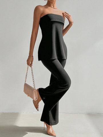 Wedding Daily Elegant Holiday Date Party INS Music Festival Commute Work Style One-Piece Women's Solid Color Split Front Tube Top And Flare Pants Set Wedding Daily Elegant Holiday Date Party INS Music Festival Commute Work Style One-Piece Women's Solid Color Split Front Tube Top And Flare Pants Set