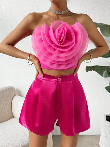 Women'S 2pcs/Set Tube Top With 3d Flower Decor And Shorts Women'S 2pcs/Set Tube Top With 3d Flower Decor And Shorts