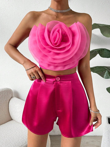 Women'S 2pcs/Set Tube Top With 3d Flower Decor And Shorts Women'S 2pcs/Set Tube Top With 3d Flower Decor And Shorts