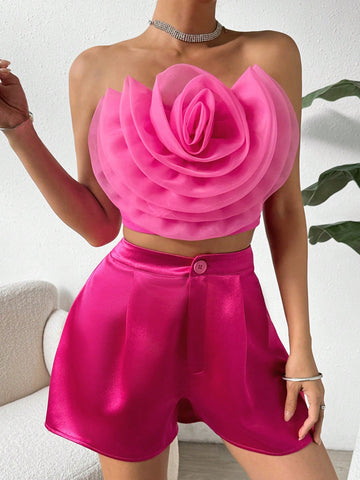 Women'S 2pcs/Set Tube Top With 3d Flower Decor And Shorts Women'S 2pcs/Set Tube Top With 3d Flower Decor And Shorts