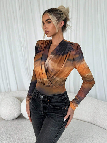 Women Casual Tie-Dye Ruched Form-Fitting Short Sleeve Bodysuit For Autumn And Winter Women Casual Tie-Dye Ruched Form-Fitting Short Sleeve Bodysuit For Autumn And Winter