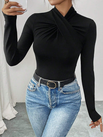 Women Elegant Casual Style Crew Neck High Collar Ruched Long Sleeve Bodysuit Women Elegant Casual Style Crew Neck High Collar Ruched Long Sleeve Bodysuit