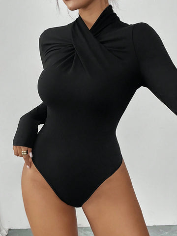 Women Elegant Casual Style Crew Neck High Collar Ruched Long Sleeve Bodysuit Women Elegant Casual Style Crew Neck High Collar Ruched Long Sleeve Bodysuit