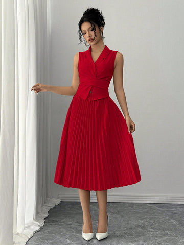 Elegant Daily Versatile Waist Criss-Cross Tie Collar Top & Pleated Elastic Waist Long Skirt, Woven Non-Stretch Fabric, Apricot, Women's 2pcs Set, Autumn/Winter Elegant Daily Versatile Waist Criss-Cross Tie Collar Top & Pleated Elastic Waist Long Skirt, Woven Non-Stretch Fabric, Apricot, Women's 2pcs Set, Autumn/Winter